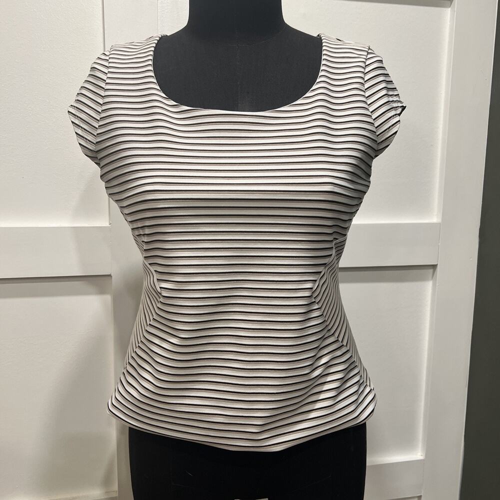 White House Black Market Striped Top Sz 4‎ Cap Sleeve Full Zip Back Scoop Neck